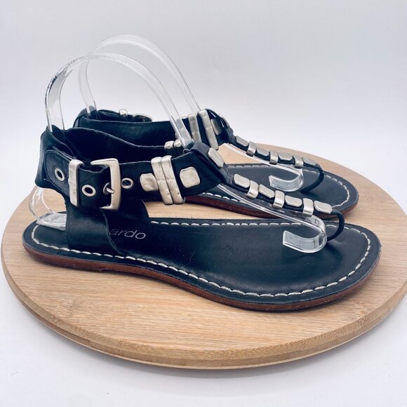 Bernardo Sandals Womens 9 Black Leather Ankle Strap Thong Studded - Picture 1 of 10